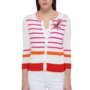 Tommy Hilfiger Button Up Striped Cardigan with Sequin Floral  Patch Size XXL